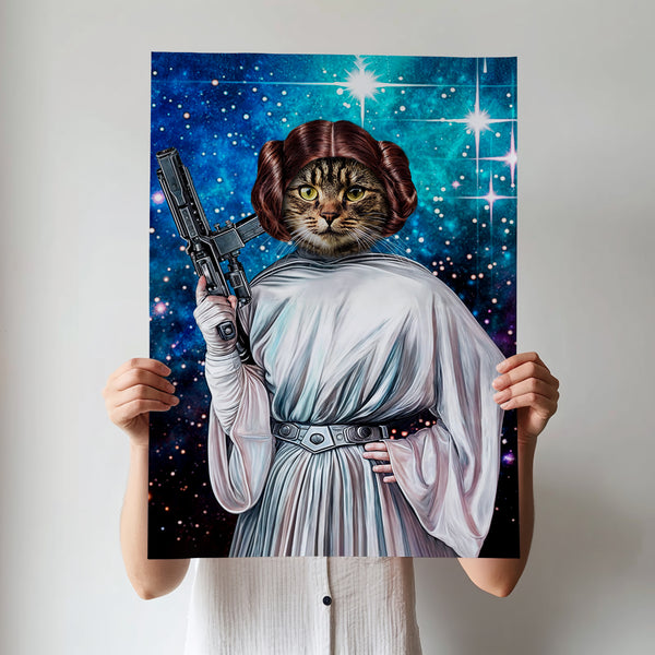 A person holds a Star Wars Princess Leia poster with a cat dressed in Leia’s iconic white dress, hair buns, and blaster against a space background—an ideal pet lover gift or unique artwork for sci-fi fans.
