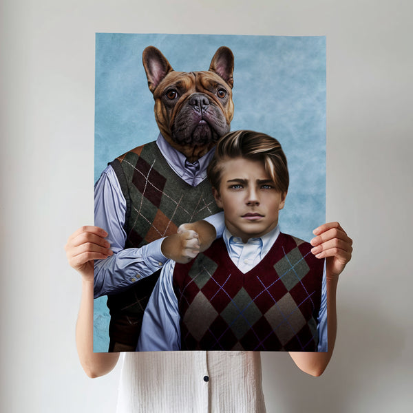 A person holds the Step Brothers custom pet portrait, featuring a dog with a human body and a young man, both wearing argyle sweaters and dress shirts, posed together against a blue background.