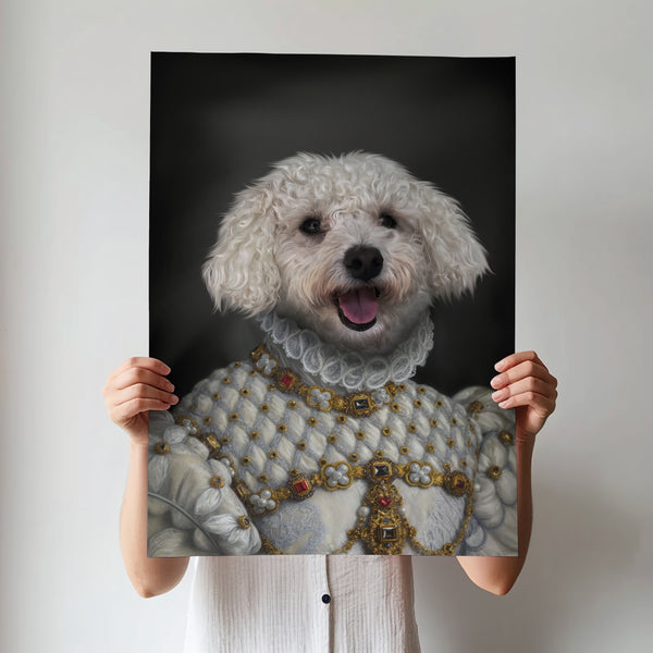 A person holds up The Renaissance Duchess canvas, showcasing a white fluffy dog in royal pearls and gold jewelry—a unique pet lover gift—against a plain background.