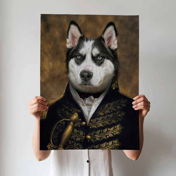 A person holds The General—a custom pet portrait featuring a husky in an ornate, vintage military uniform with gold embroidery on a brown background. The personalized dog canvas hides the persons face.