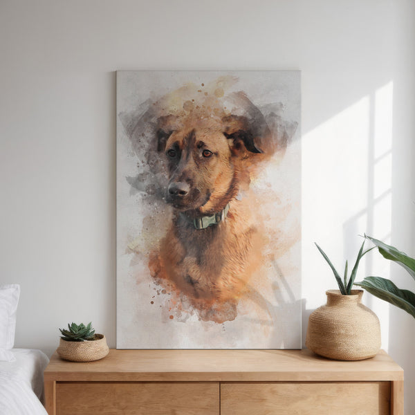 A Watercolor Pet Portrait of a brown dog with a green collar—ideal as personalized pet art or a memorial—hangs above a wooden dresser decorated with two woven vases and a potted succulent, sunlight streaming in from the right.