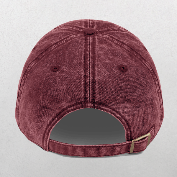 The Vintage Cap - Fur Mama is a maroon washed cotton baseball cap for dog lovers, shown from the back. It features an adjustable strap with a metal buckle and visible stitching details.