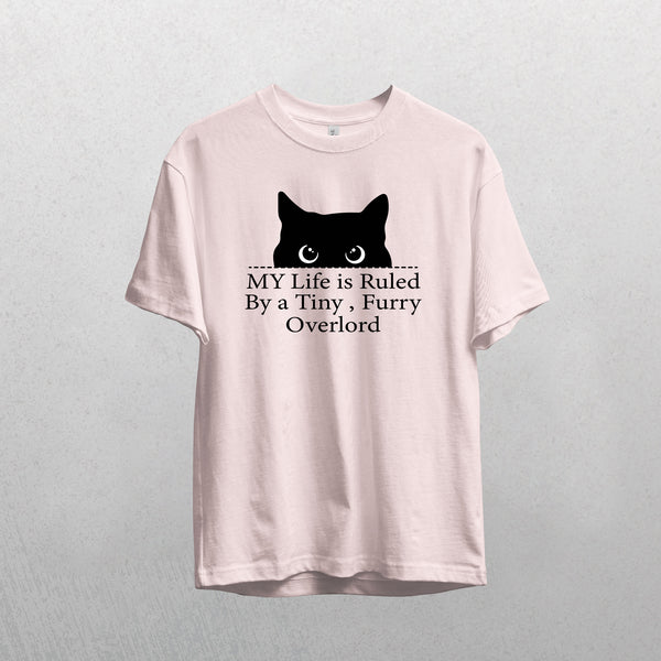 A pink vintage pet t-shirt, “Tiny Furry Overlord,” features a black cat head silhouette and the phrase: MY Life is Ruled By a Tiny, Furry Overlord. A funny, unique keepsake for cat lovers.