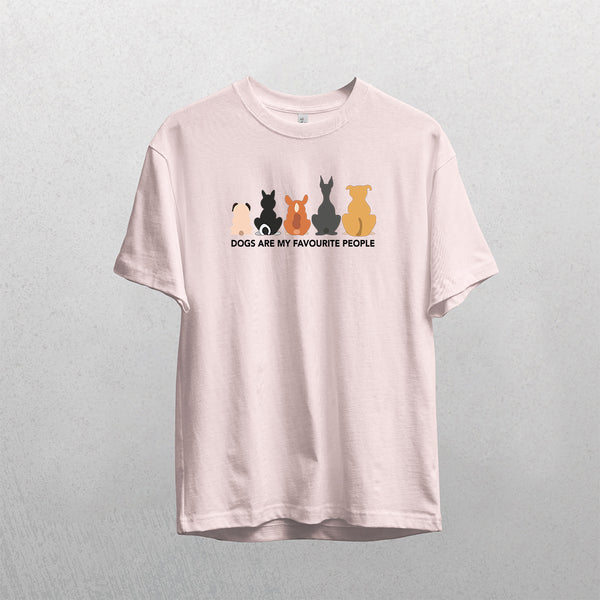 The Dogs are my Favorite People pet t-shirt in pink features colorful dog silhouettes and the phrase beneath—a charming vintage keepsake for dog lovers.