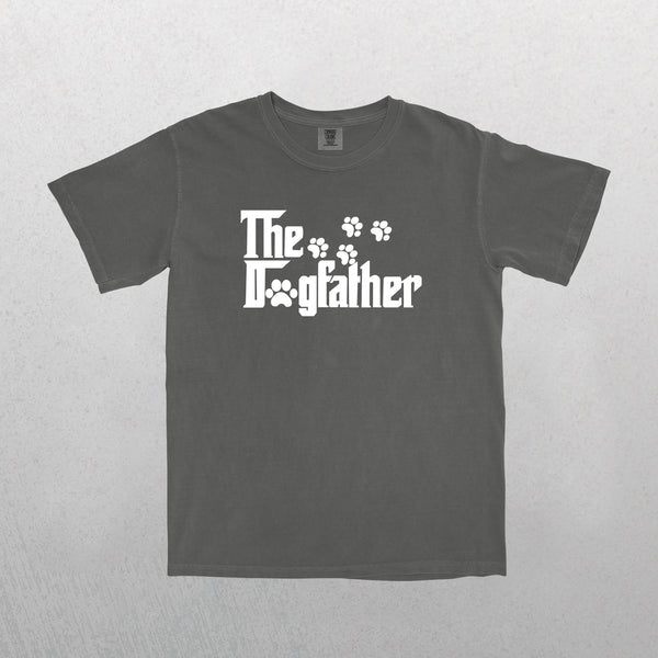 A grey vintage pet t-shirt named The Dogfather, with bold white text and playful paw prints in the design—a funny shirt that makes your pet stand out.