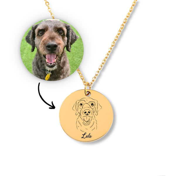 The Dog Portrait Necklace - Coin Necklace features a gold circular pendant engraved with a dogs face and the name Lala, inspired by the curly-haired pup above. A unique accessory and thoughtful gift for pet lovers.