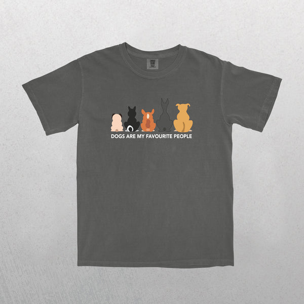 The Dogs are my Favorite People T-shirt is gray and features five dogs illustrated from behind in various colors and sizes, with the fun phrase “DOGS ARE MY FAVOURITE PEOPLE”—a perfect gift for pet lovers.