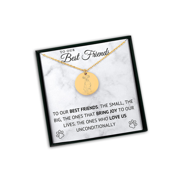 The Dog Portrait Necklace - Coin Necklace features a gold round pendant engraved with your dogs portrait, displayed on a card that reads: To our best friends—personalized pet jewelry to cherish forever.