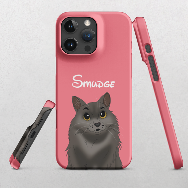The Custom Pet iPhone Case – Disney in pink features a cartoon gray cat with yellow eyes and “Smudge” in white text, shown from multiple angles for a stylish look.