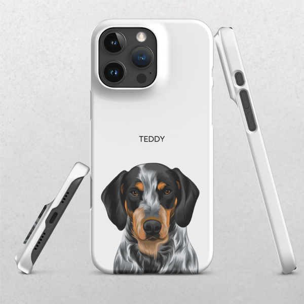 Showcased is the Custom Pet iPhone Case – Modern Vector Art in white, featuring a realistic black, brown, and white dog illustration with the name TEDDY above. The phone case appears from back, side, and bottom views against a light background.