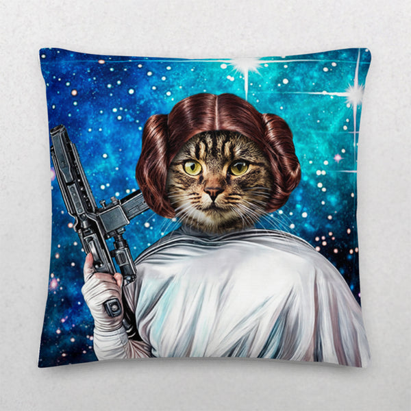 The Custom Star Wars Princess Leia Pet Cushion features your pet as Princess Leia, complete with her signature hairstyle and blaster on a starry background—a unique, personalized decor piece for any Star Wars fan.