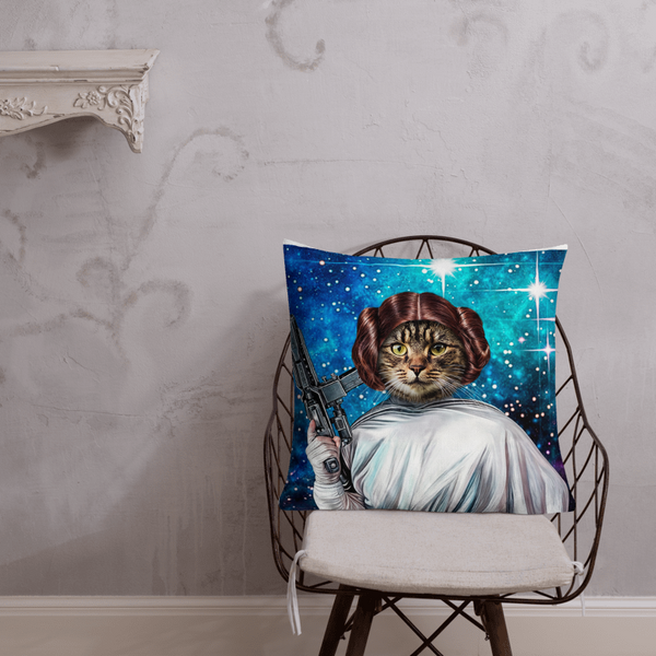 The Custom Star Wars Princess Leia Pet Cushion on a chair shows a cat dressed as Princess Leia, complete with iconic hairstyle and white outfit, against a starry background—an ideal personalized gift for pet lovers.