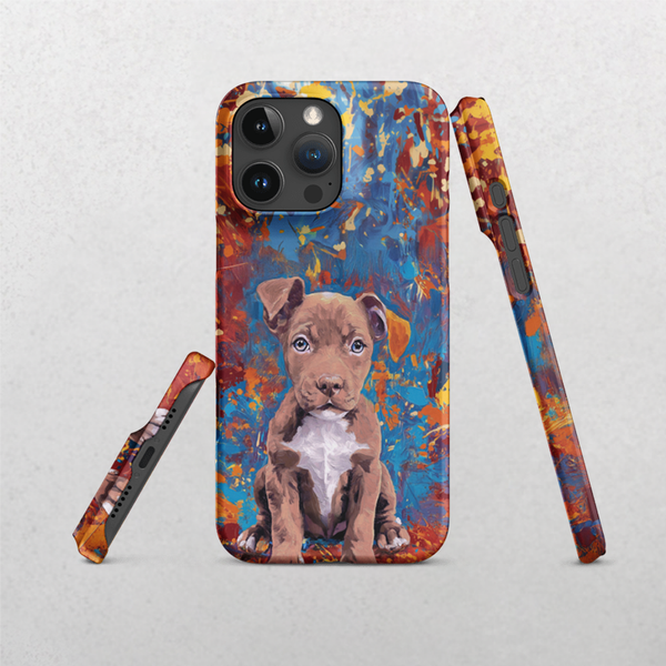 The Custom Pet iPhone Case - Oil Painting showcases a realistic brown and white puppy on a vibrant abstract background, depicted from the back and sides. Personalize this pet photo cover for your iPhone.