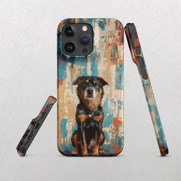 The Custom Pet iPhone Case - Oil Painting #2 features a black and brown dog on a textured blue, beige, and orange abstract background. Shown from back, side, and bottom angles, its a unique keepsake for pet lovers.