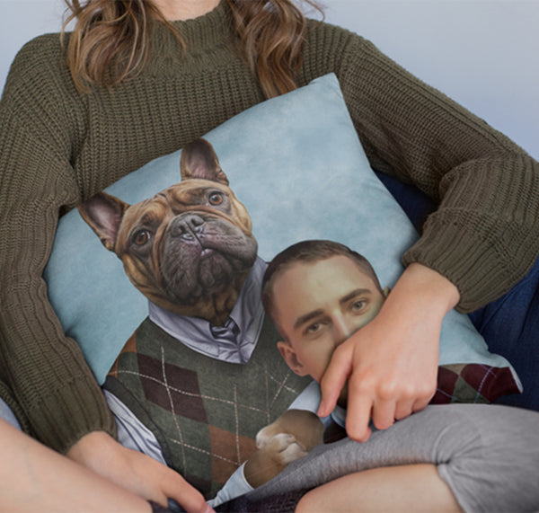 A person in a green sweater holds the Custom Step Brothers Pet Cushion, featuring an illustrated dog in a sweater vest posed with a man for a quirky, formal photo look—perfect as a unique pet memorial or decorative dog pillow.
