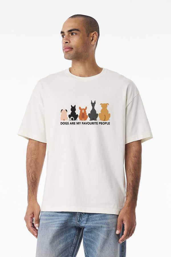 A man in blue jeans wears the Dogs are my Favorite People t-shirt featuring silhouettes of five dog breeds and text—an ideal, funny pet shirt for any dog lover.