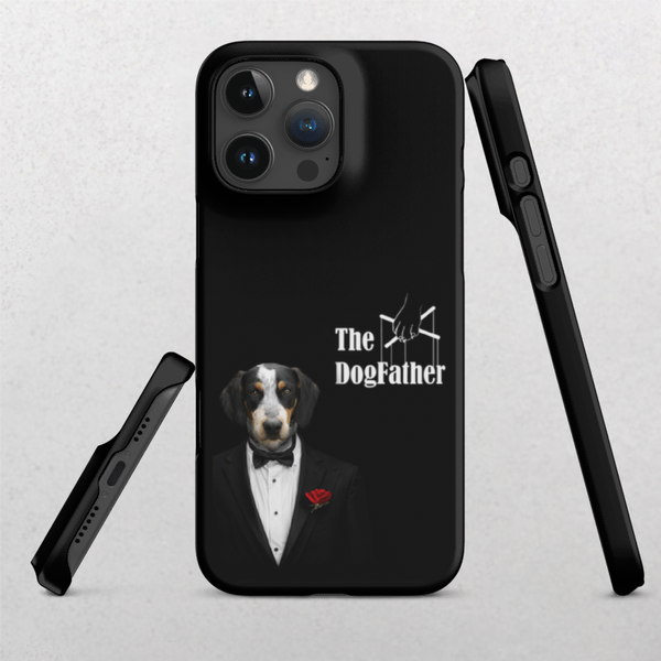 The Custom Pet iPhone Case – The Dogfather is a black case with a cartoon dog in a tuxedo, mafia-style, and The DogFather text—making it a unique pet keepsake and an ideal gift for pet lovers.