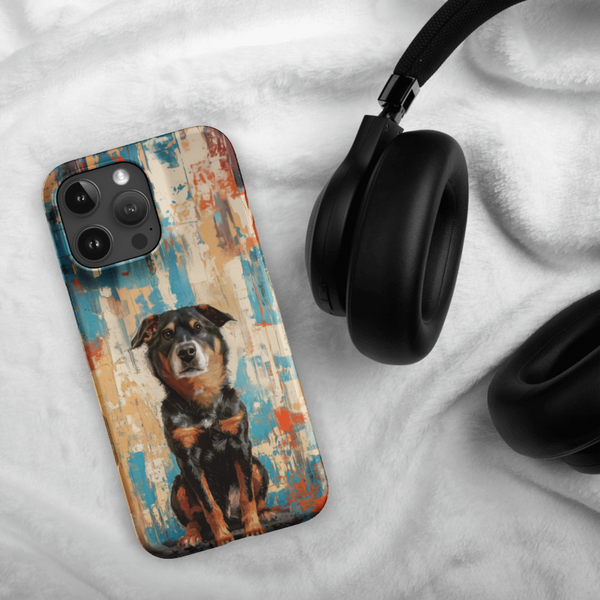 A smartphone with a Custom Pet iPhone Case - Oil Painting #2 and a pair of black headphones rest on a soft white blanket.