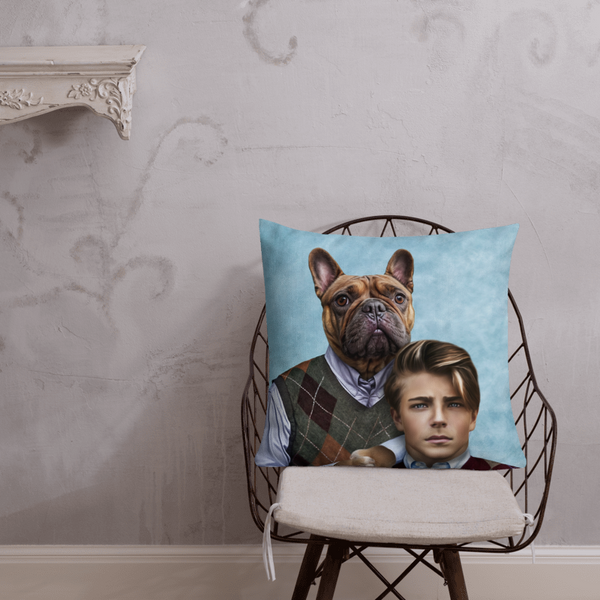 The Custom Step Brothers Pet Cushion sits on a wire chair, showing a dog in a sweater vest with a serious boy against a blue background in an ornate, pale-textured room.
