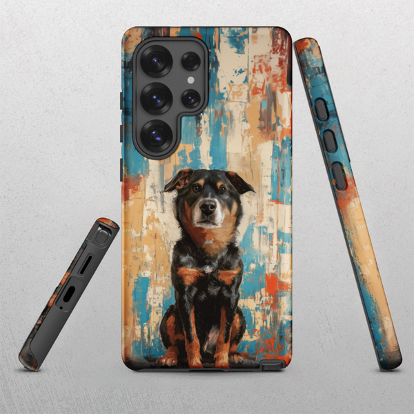 The Custom Pet Samsung Case – Abstract Design features a colorful abstract pattern in blue, orange, and beige, with a realistic black and tan dog illustration sitting and facing forward. The unique case is displayed from multiple angles.