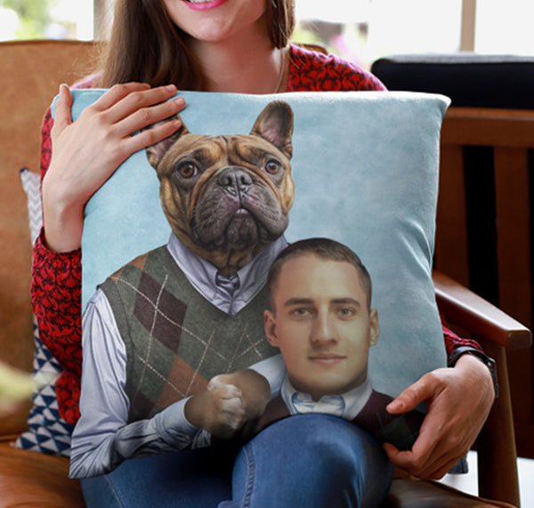 A woman smiles while holding the Custom Step Brothers Pet Cushion, which humorously features a dog with a human body and a man with a dogs body in matching sweaters on a blue background.