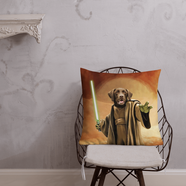 The Custom Jedi Star Wars Pet Cushion, featuring a Jedi dog with a green lightsaber against a sci-fi background, adds whimsical style to a light-colored room with ornate wall decor.