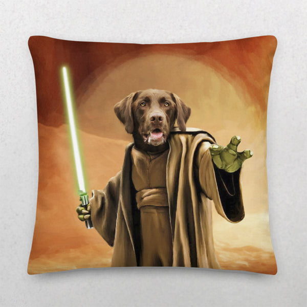 The Custom Jedi Star Wars Pet Cushion features a brown-coated dog as a Jedi with a green lightsaber, one paw raised as if using the Force, set against an orange desert background—an ideal gift for pet lovers.