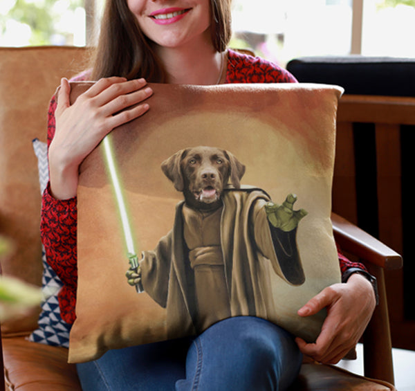 A smiling woman holds a Custom Jedi Star Wars Pet Cushion personalized with a dog illustration in a brown robe and green lightsaber—a cozy, fun keepsake perfect for any Star Wars fan.