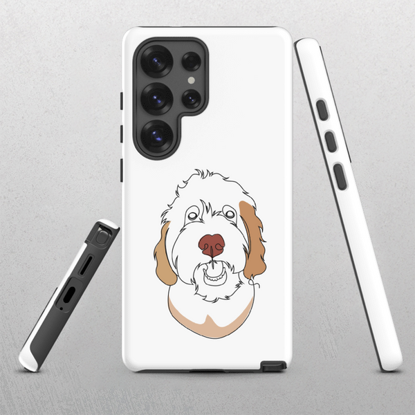 The Custom Pet Samsung Case – Color Line Art showcases a white case with a simple cartoon-style fluffy dog (brown ears, pink nose) illustration. Shown from back and sides on light gray, it’s a unique personalized pet keepsake.