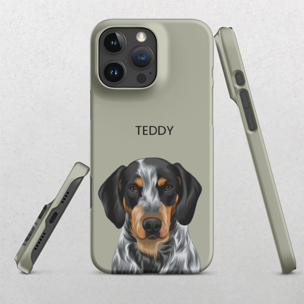 A sage Custom Pet iPhone Case – Modern Vector Art featuring a realistic black, brown, and white dog with TEDDY above its face—perfect for pet lovers. Three angles of this personalized case are displayed.