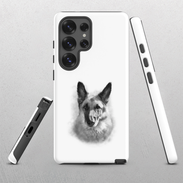 The Custom Pet Samsung Case – Digital Pet Painting showcases a realistic black and white German Shepherd portrait from multiple angles on a light gray background—a unique keepsake for dog lovers.