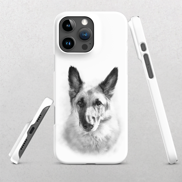 The Custom Pet iPhone Case – Digital Painting showcases a front-facing, realistic black-and-white German Shepherd illustration, with side and bottom views—making it an ideal, unique keepsake for any pet lover.