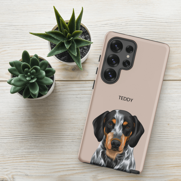 The Custom Pet Samsung Case – Moder Pet Vector shows an illustrated black, brown, and white dog named TEDDY. Resting on a light wooden surface by two small succulents, its a charming and unique keepsake for pet lovers.