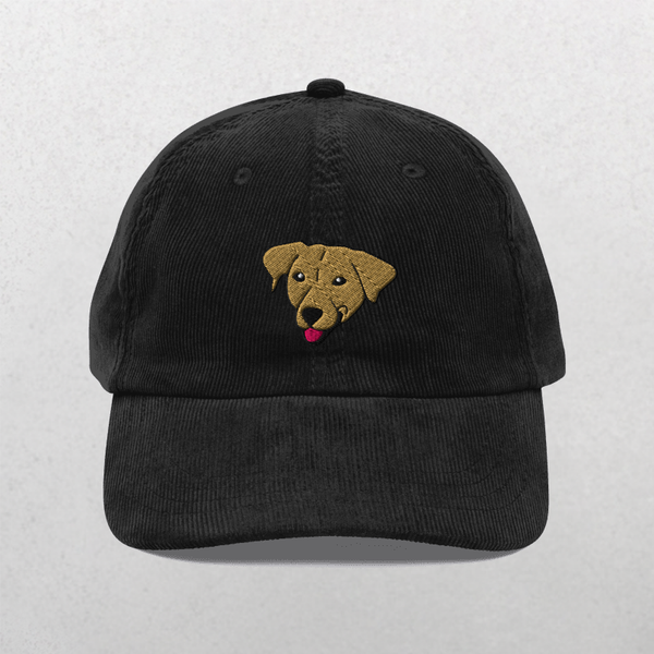 The Custom Pet Portrait Corduroy Cap in black is a unique embroidered pet hat, showcasing your dogs face on the front. This personalized keepsake is perfect for any dog lover.