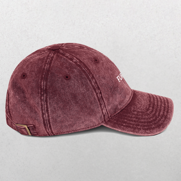 A maroon, vintage-style Vintage Cap - Fur Mama baseball cap with a curved brim and adjustable buckle strap—perfect for dog lovers or as a dog dad gift—set against a light gray background.
