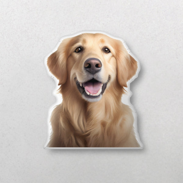 A sticker showing a happy golden retriever on a light beige background, with a friendly face and open mouth. Great for pet lovers or to pair with your Custom Shape Pet Pillow.
