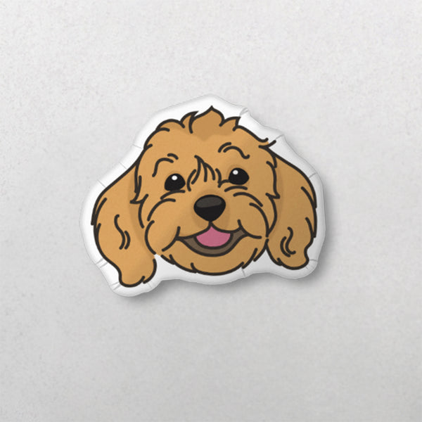 A Custom Shape Pet Pillow featuring a happy, brown, fluffy dogs face with floppy ears, a black nose, and a pink tongue—perfect as a cozy pet keepsake or cute pet lover gift—on a plain light gray background.
