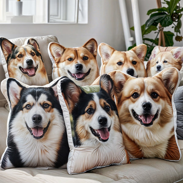 Several real corgis sit on a couch behind two Custom Shape Pet Pillows featuring close-up corgi faces. A plant and soft window light add to the cozy, cheerful atmosphere—making it a perfect pet keepsake for any animal lover.