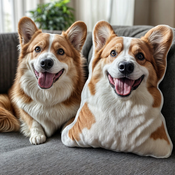 A happy corgi sits on a gray couch next to a Custom Shape Pet Pillow featuring its own face—the perfect gift for pet lovers. A green plant adds freshness in the softly blurred background.