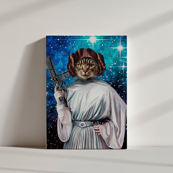 The Star Wars Princess Leia poster shows a cat dressed as Princess Leia in her classic white gown and hair buns, holding a blaster against a starry backdrop—a unique gift for pet lovers or fans seeking a custom pet portrait.