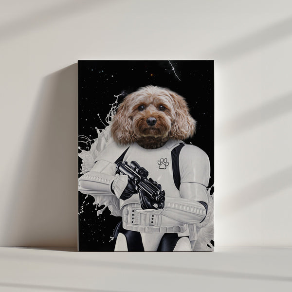 The Star Wars Stormtrooper personalized dog canvas features a curly brown pup as a stormtrooper with a blaster on a space-themed background—unique pet artwork for any fan’s collection.