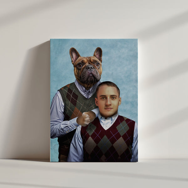 The Step Brothers framed portrait features a man in an argyle sweater vest with his matching dog posed behind him, styled like a classic family photo—perfect pet artwork or a unique gift for any pet lover.