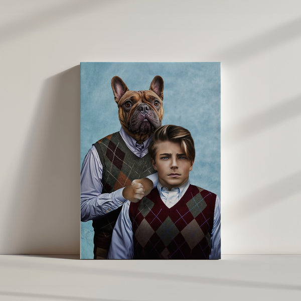 Step Brothers: A framed custom pet portrait of a serious young boy and French Bulldog in matching argyle sweater vests and collared shirts on a blue background—ideal for pet lovers or as unique pet memorial wall art.
