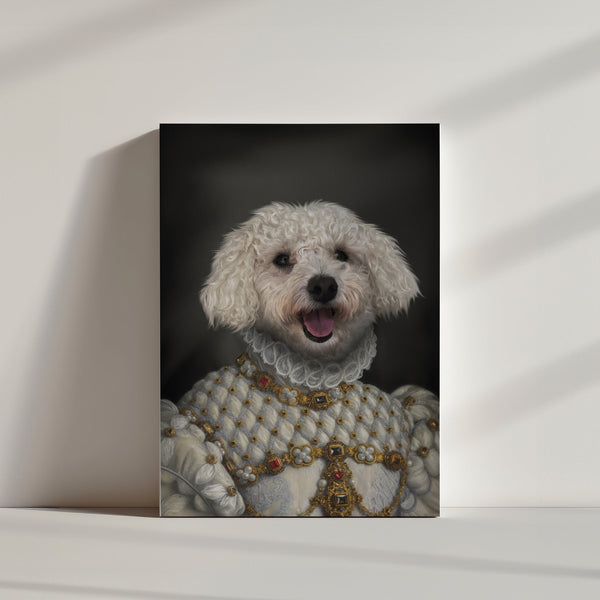 The Renaissance Duchess: A custom pet canvas featuring a white, curly-haired dog in royal attire with pearls, gold accents, and ruffled collar, smiling against a dark backdrop. This personalized portrait is displayed upright on a light surface.