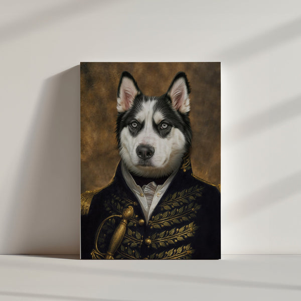 The General is a personalized dog canvas featuring a husky in an ornate military uniform on a brown textured background, displayed upright against a light-colored wall.