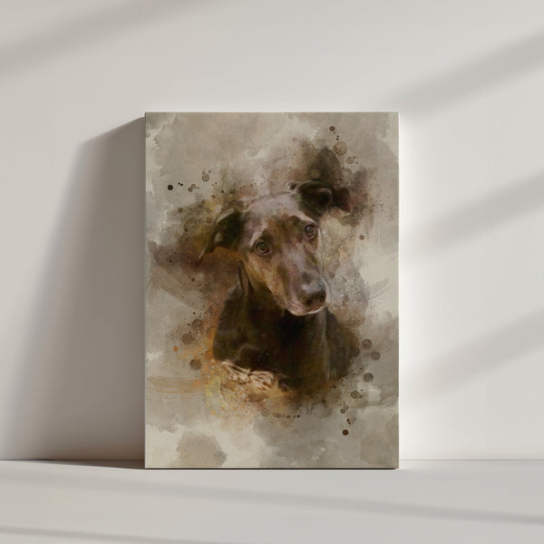 The Watercolor Pet Portrait features a black dog with a tilted head against a light wall, with soft, neutral watercolor splashes for a gentle, artistic effect—ideal as pet memorial wall art.