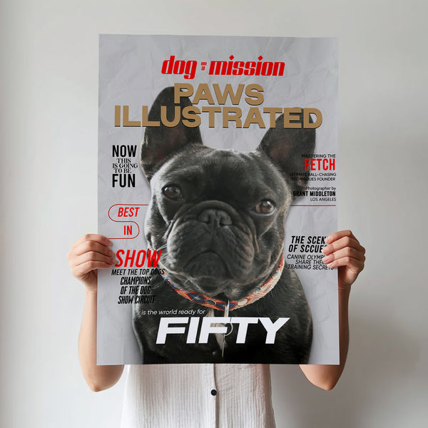 A person holds a Custom Pet Magazine Cover showing a close-up of a black French Bulldog with “PAWS ILLUSTRATED”—a unique, personalized dog canvas and perfect pet lover gift, ideal for custom artwork.