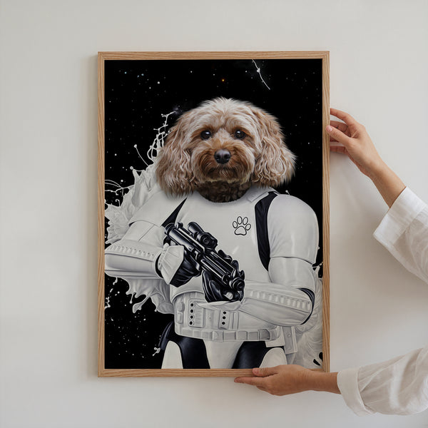 Someone hangs the Star Wars Stormtrooper personalized dog canvas, showing a curly brown dog dressed as a stormtrooper against a black, space-inspired background.