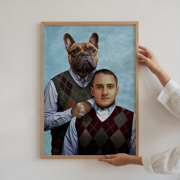 A person holds a framed Step Brothers portrait of a man and French bulldog in matching argyle vests and shirts on a blue background, creating a funny family photo—ideal as personalized dog canvas or unique pet artwork.
