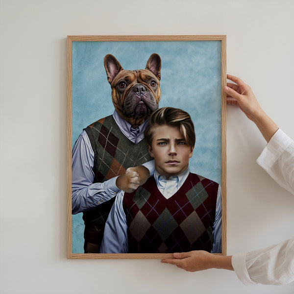 A person holds the Step Brothers custom pet portrait featuring a dog with a human body and a teenage boy in argyle sweaters, styled as a classic family photo—perfect pet artwork and the ideal gift for pet lovers.